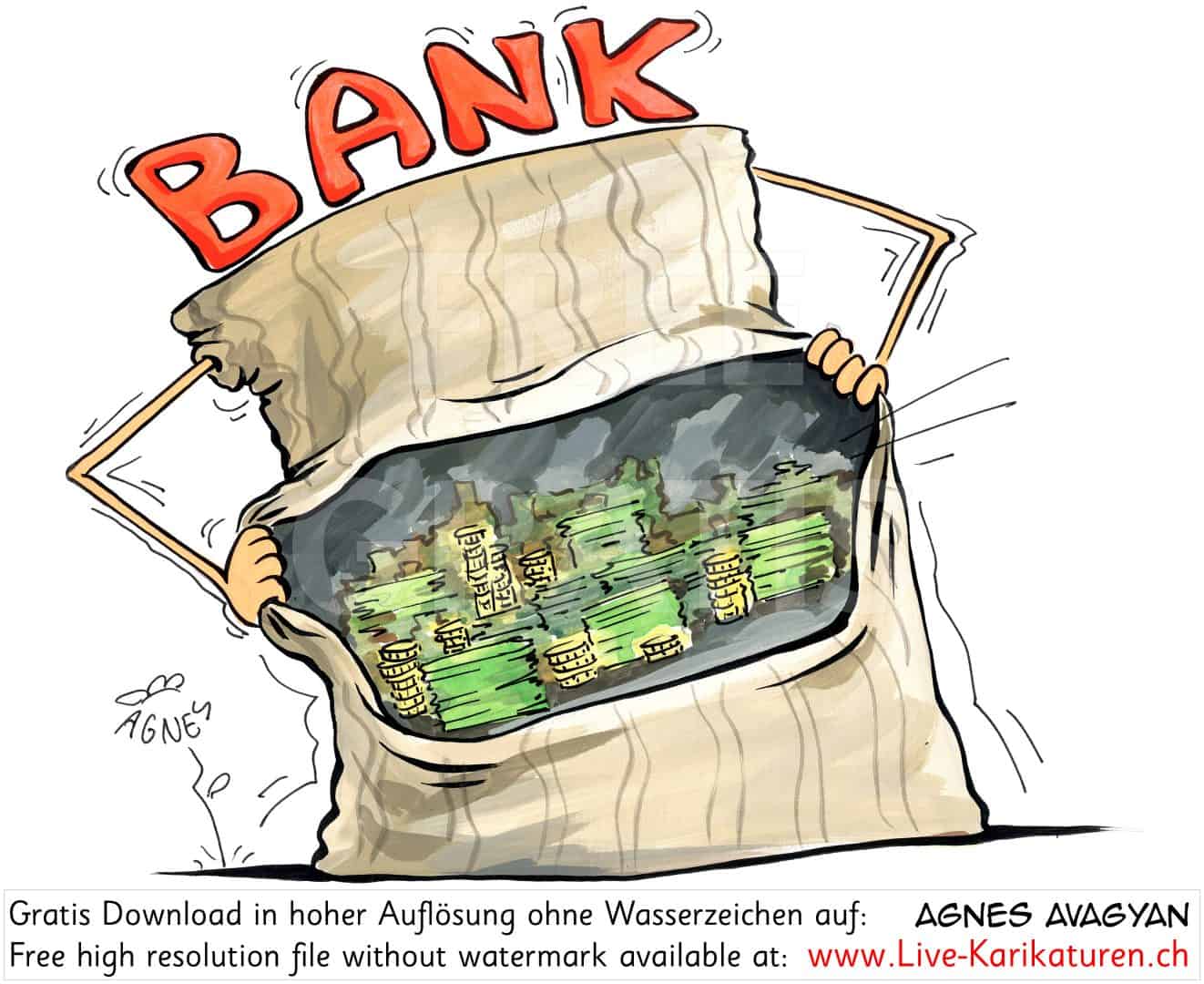 Bank, Geld, Kredit, Sparkasse, sparen, Finanzen, Finanzinstitut, Bankinstitut, Kreditanstalt, Kredithai, Agnes Live-Karikaturen, Download, kostenlos, Gratisbild, Free image, Clipart, Comic, Cartoon, Illustration, Watermark Large