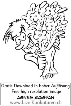 Blumenstrauss Mann Flowers Geschenk Ueberraschung Charmeur Verfuehrer grinsen Stalker schwarzweiss black and white Cartoon Comic Karikatur Clipart Zeichnung Bild Illustration image painting kostenlos Gratisbild free image,Thumbnail