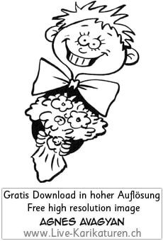 Junge Blumen Charme charmant Ueberraschung Geschenk Liebe Fliege grinsen strahlen boy flowers present schwarzweiss black and white Cartoon Comic Karikatur Clipart Zeichnung Bild Illustration image painting kostenlos Gratisbild free image, Thumbnail