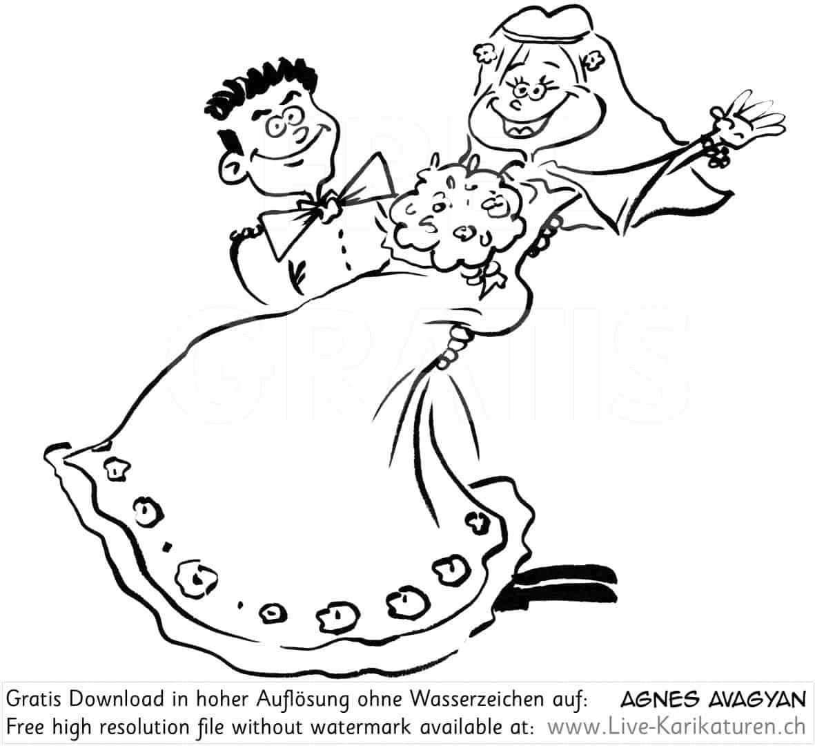 Brautpaar Braeutigam Braut Hochzeit Heirat wedding couple schwarzweiss black and white Cartoon Comic Karikatur Clipart Zeichnung Bild Illustration image painting kostenlos Gratisbild free image, Watermark, UHD UltraHD