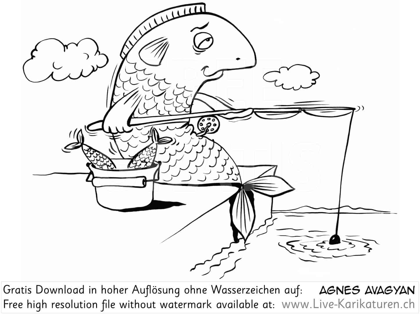 Fischer fischen Fisch Angelrute angeln See Meer warten Petri Heil grosser dicker Fisch Angelhaken Angelschnur Fischerrute Schwimmer Topf Ufer Quai Agnes Karikaturen gratis free Clipart Comic Cartoon Zeichnung bw, Watermark UHD UltraHD