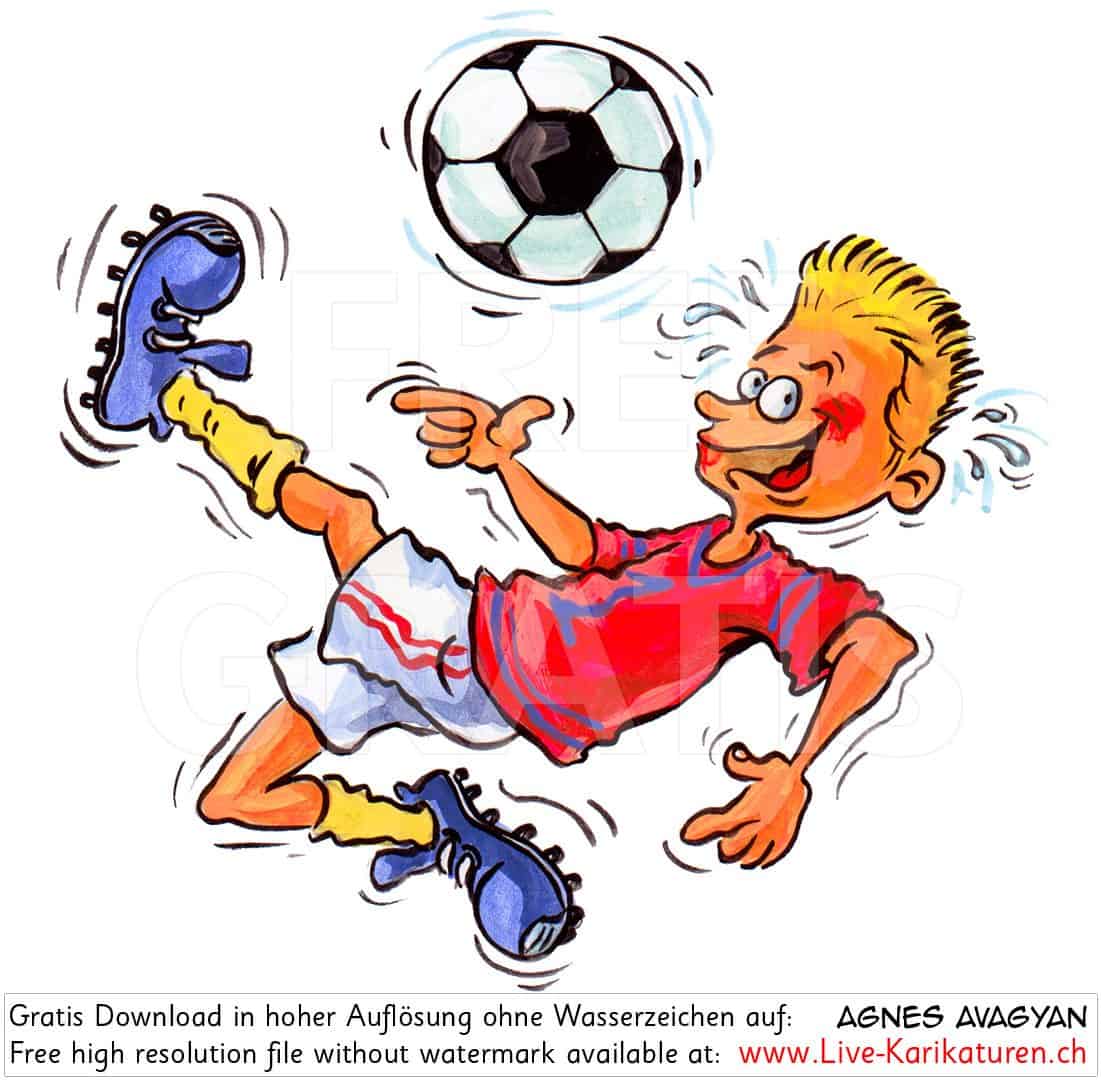 Fussball Soccer Football Junge Knabe Kicker Fussballschuhe Ball Kick Trick Sport Ferien Aktivitaet Agnes Karikaturen gratis free Clipart Comic Cartoo Zeichnung c, Watermark Large