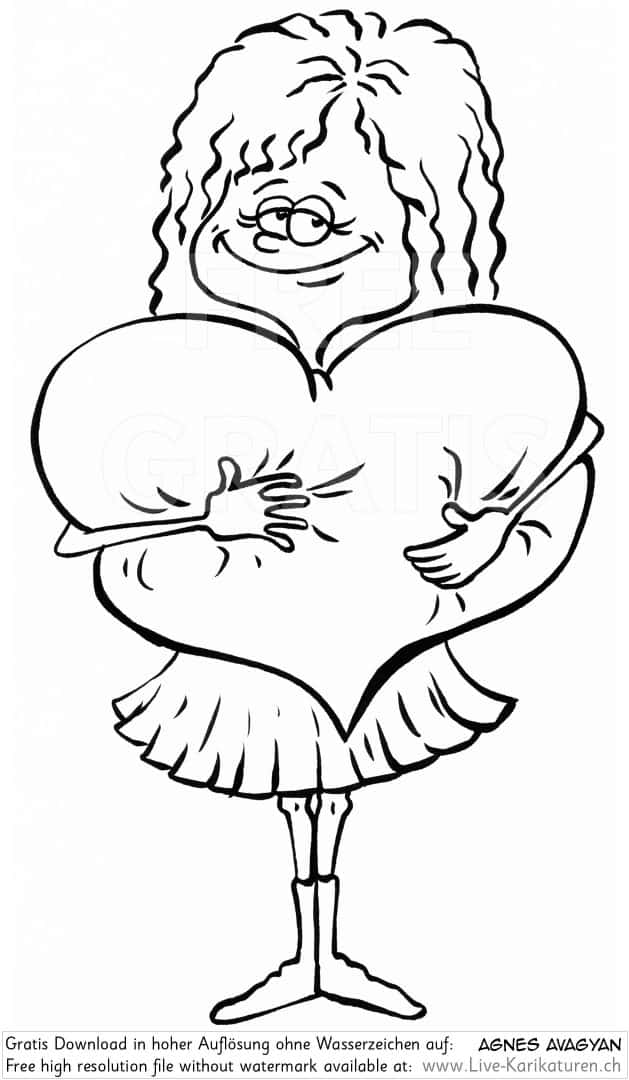 Girl Herz verliebt Liebe Maedchen Frau romantisch Valentinstag Romantik lange Haare Rock Love Agnes Karikaturen gratis free Clipart Comic Cartoon Zeichnung bw, Watermark UHD UltraHD