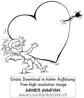 Herz Pfeil Engelchen Amor Valentinstag Schreck Pfeilschuss Ueberraschung verliebt Liebe Agnes Karikaturen gratis free Clipart Comic Cartoon Zeichnung bw, Thumbnail