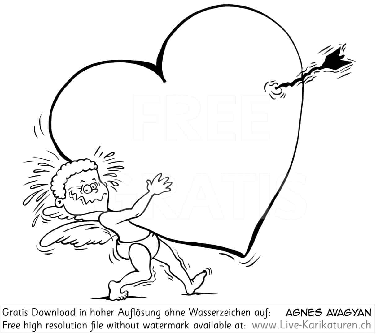 Herz Pfeil Engelchen Amor Valentinstag Schreck Pfeilschuss Ueberraschung verliebt Liebe Agnes Karikaturen gratis free Clipart Comic Cartoon Zeichnung bw, Watermark UHD UltraHD