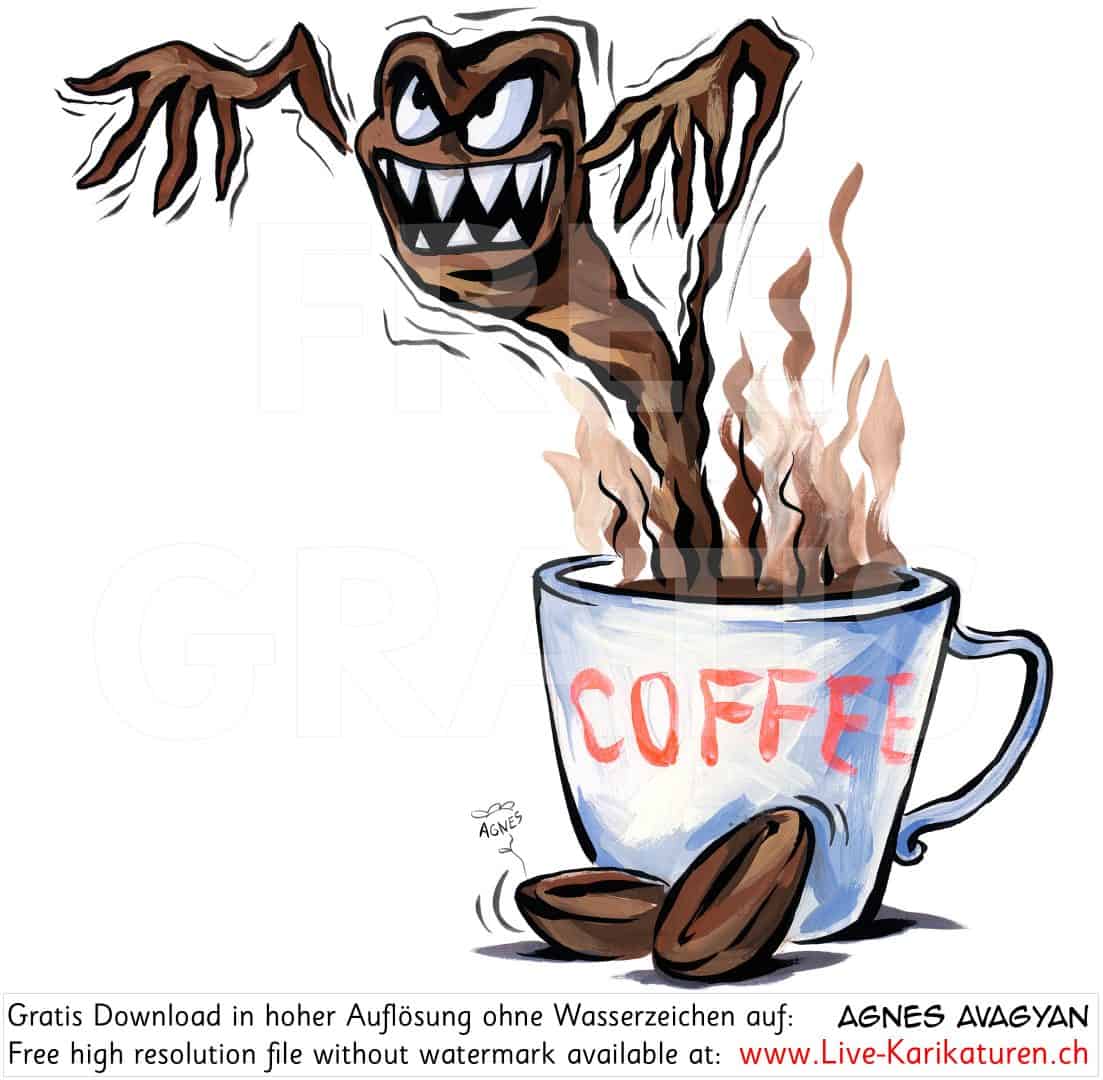 Kaffee Tasse Coffein Espresso Nespresso Monster Wachmacher Kick Energie Coffee Cartoon Comic Karikatur Clipart Zeichnung Illustration painting gratis kostenlos free, Watermark UHD