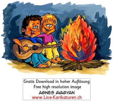 Lagerfeuer Gitarre Sommerferien Ferien Nacht Romantik singen Lied Paerchen Paar Junge Maedchen Ferienlager Musik Agnes Karikaturen gratis free Clipart Comic Cartoo Zeichnung c, Thumbnail