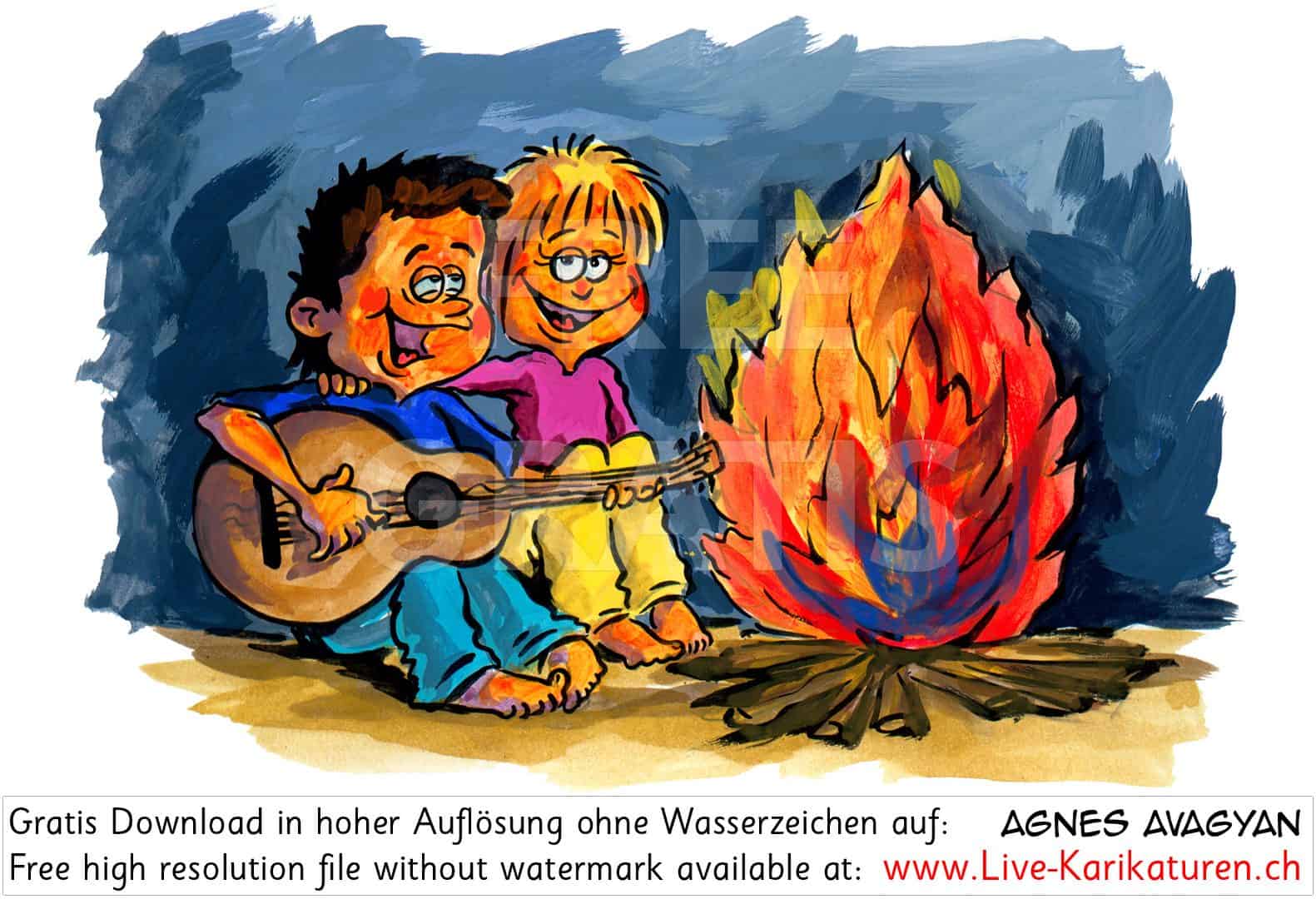 Lagerfeuer Gitarre Sommerferien Ferien Nacht Romantik singen Lied Paerchen Paar Junge Maedchen Ferienlager Musik Agnes Karikaturen gratis free Clipart Comic Cartoo Zeichnung c, Watermark Large