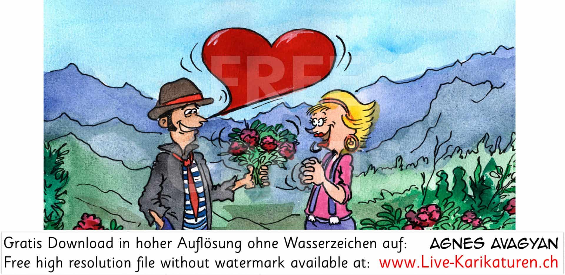 Liebe, Herz, verliebt, Romantik, Love, Liebeserklaerung, Hochzeitsantrag, Berge, Alpen, Blumen, Blumenstrauss, Blondine, Hut, Alternativ, Liebesszene, Valentinstag, Ausflug, romantisch, Paar, Liebespaar, Rock n Roll, Rocker, Hillbilly, Agnes Live-Karikaturen, Download, kostenlos, Gratisbild, Free image, Clipart, Comic, Cartoon, Illustration, Large