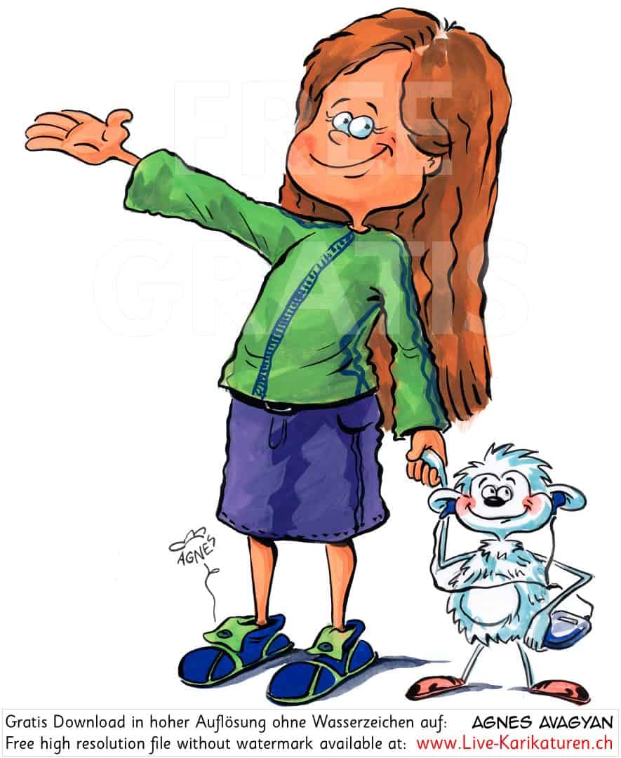 Maedchen Girl herzig Kind Stofftier Freunde Discman Kinderbuch lange Haare Kind Willkommen Welcome zeigen Agnes Karikaturen Cartoon Comic Karikatur Clipart Zeichnung Illustration painting gratis kostenlos free color, Watermark UHD