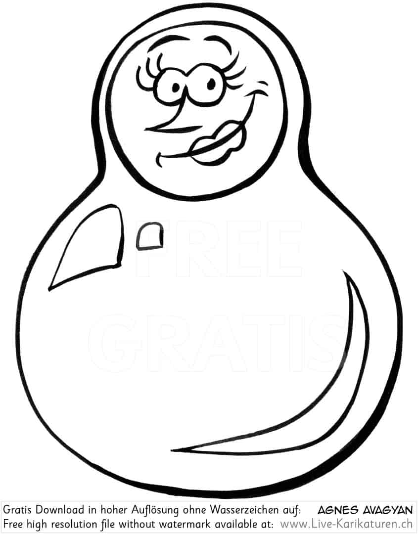 Matrjoschka Babuschka Puppen Kegel Matryoshka lustig Kugel Frau Agnes Karikaturen gratis free Clipart Comic Cartoon Zeichnung bw, Watermark UHD UltraHD