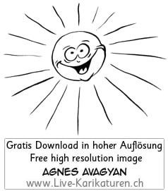 Sonne sun happy smile lachen strahlen Sonnenschein schwarzweiss black and white Cartoon Comic Karikatur Clipart Zeichnung Bild Illustration image painting kostenlos Gratisbild free image, Thumbnail