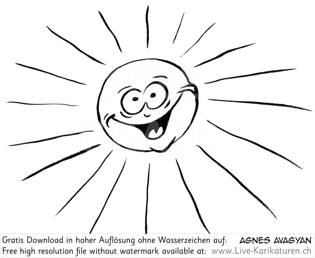 Sonne sun happy smile lachen strahlen Sonnenschein schwarzweiss black and white Cartoon Comic Karikatur Clipart Zeichnung Bild Illustration image painting kostenlos Gratisbild free image, Watermark UHD UltraHD