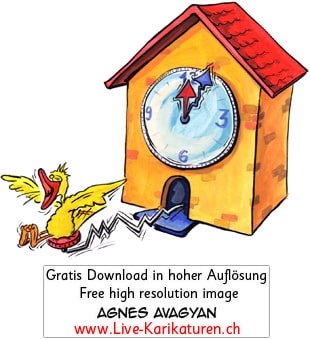 Uhr, Kuckucksuhr, Zeit, Vogel, Schwarzwalduh, Uhrzeit, Watch, Souvenir, Wanduhr, 12 Uhr, Wecker, Zeitangabe, Uhrwerk, Uhrmacher, Agnes Live-Karikaturen, Download, kostenlos, Gratisbild, Free image, Clipart, Comic, Cartoon, Illustration, Thumbnail