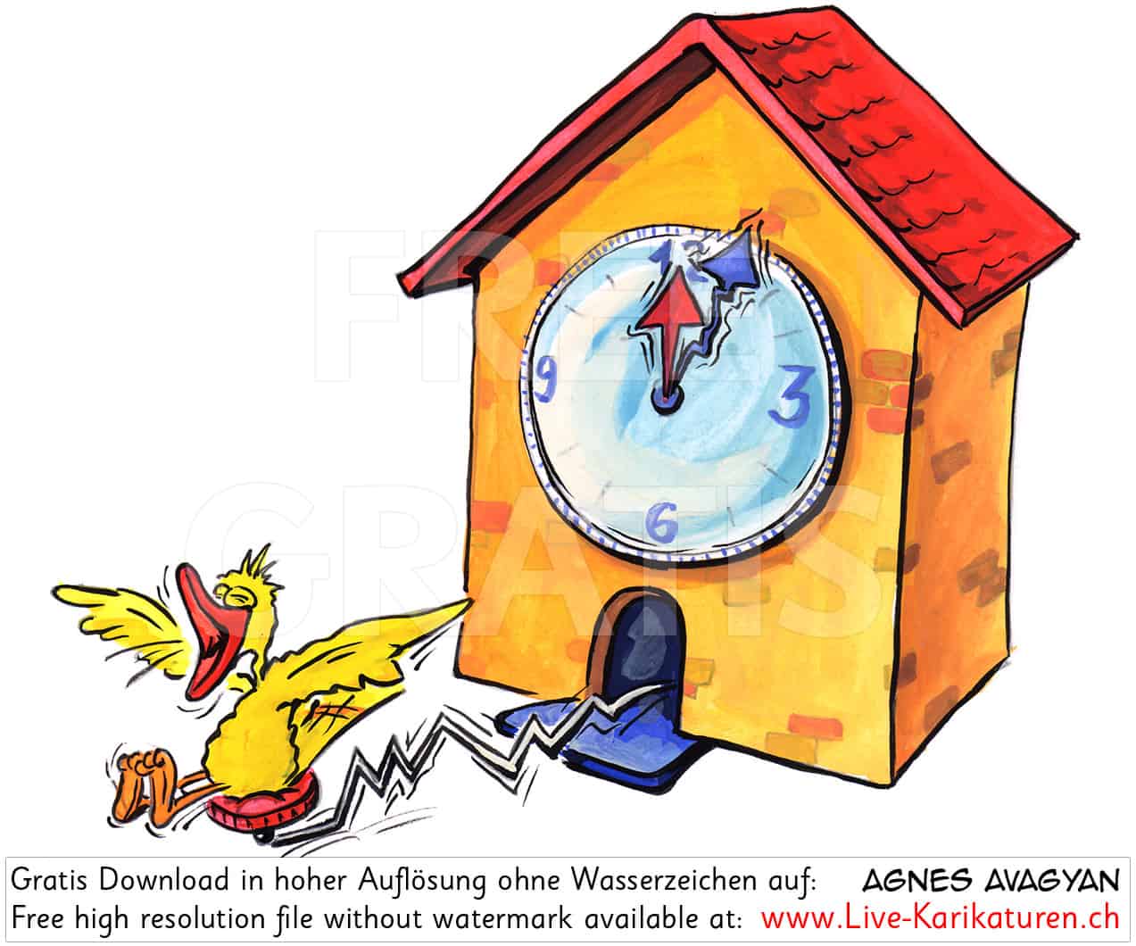 Uhr, Kuckucksuhr, Zeit, Vogel, Schwarzwalduh, Uhrzeit, Watch, Souvenir, Wanduhr, 12 Uhr, Wecker, Zeitangabe, Uhrwerk, Uhrmacher, Agnes Live-Karikaturen, Download, kostenlos, Gratisbild, Free image, Clipart, Comic, Cartoon, Illustration, Watermark Large