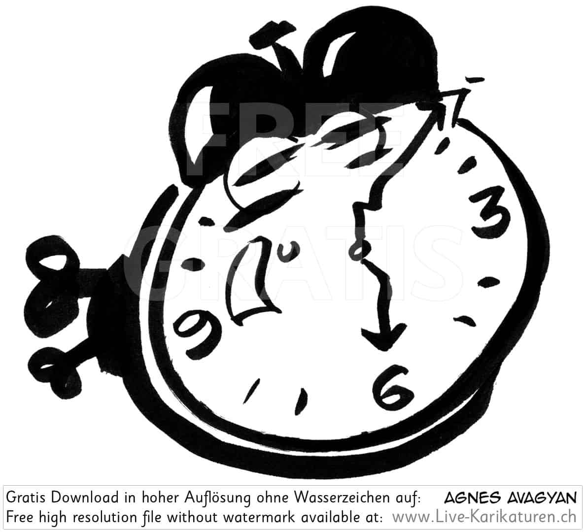 Uhr Wecker Alarm watch clock time 6 Uhr schwarz altmodisch Augen Aufzieh schwarzweiss black and white Cartoon Comic Karikatur Clipart Zeichnung Bild Illustration image painting kostenlos Gratisbild free image, Watermark HD FullHD