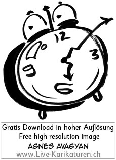 Uhr Wecker Alarm watch clock time Augen 6 Uhr Zeiger Uhrzeit schwarzweiss black and white Cartoon Comic Karikatur Clipart Zeichnung Bild Illustration image painting kostenlos Gratisbild free image, Thumbnail