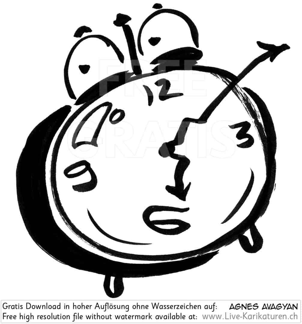 Uhr Wecker Alarm watch clock time Augen 6 Uhr Zeiger Uhrzeit schwarzweiss black and white Cartoon Comic Karikatur Clipart Zeichnung Bild Illustration image painting kostenlos Gratisbild free image, Watermark Large