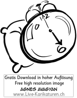 Uhr Wecker Alarm watch clock time 6 Uhr Kissen schlafen aufstehen wake up schwarzweiss black and white Cartoon Comic Karikatur Clipart Zeichnung Bild Illustration image painting kostenlos Gratisbild free image, Thumbnail