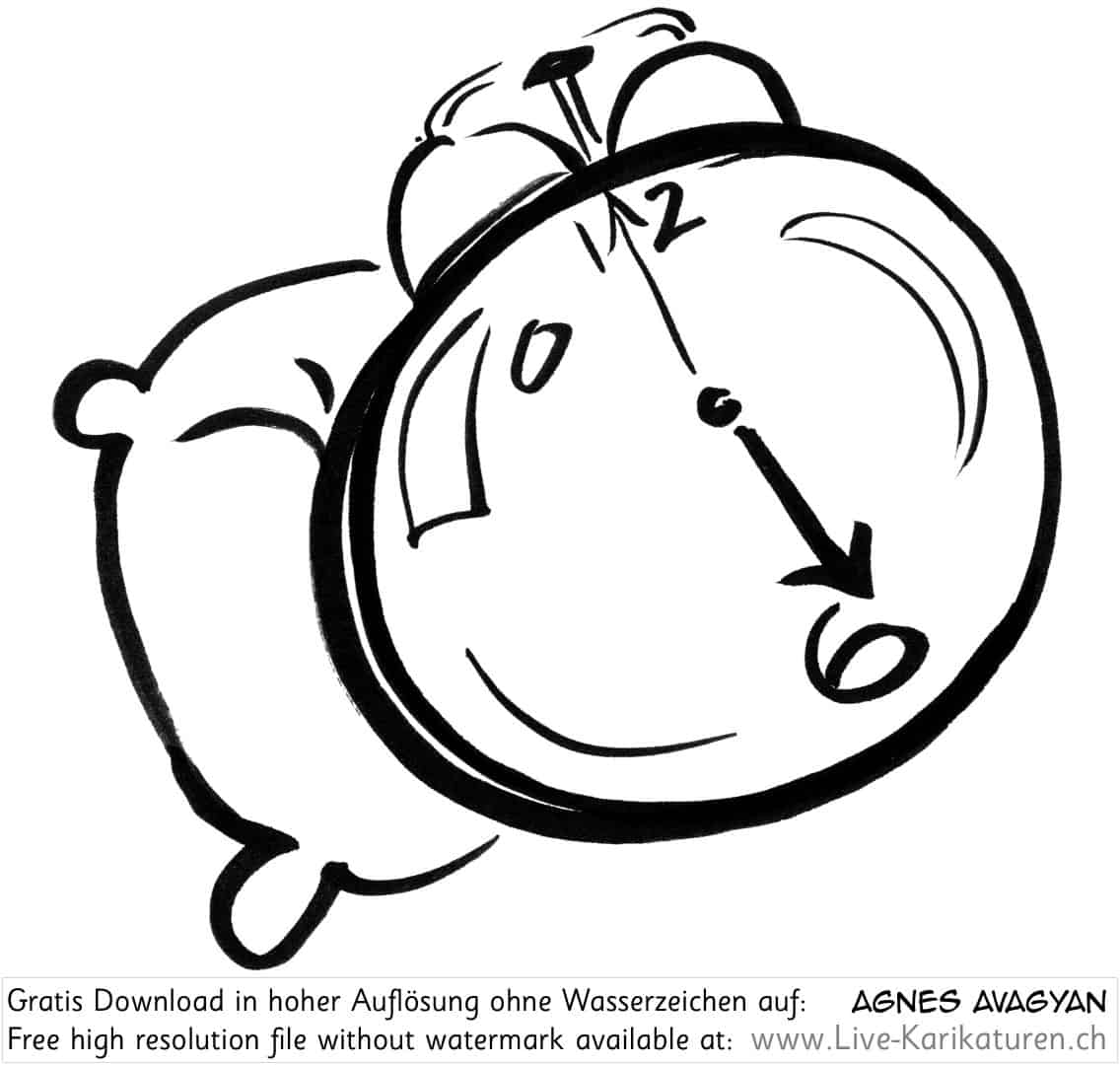 Uhr Wecker Alarm watch clock time 6 Uhr Kissen schlafen aufstehen wake up schwarzweiss black and white Cartoon Comic Karikatur Clipart Zeichnung Bild Illustration image painting kostenlos Gratisbild free image, Watermark, UHD