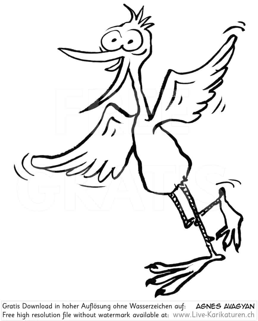 lustiger Vogel funny bird character schraeg witzig Fuesse Schnabel Fluegel schwarzweiss black and white Cartoon Comic Karikatur Clipart Zeichnung Bild Illustration image painting kostenlos Gratisbild free image, Watermark UHD