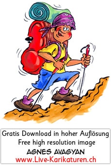 Wandern Junge Bergsteigen Sommerferien Ferien Rucksack Gepaeck Wanderstock hiking Aktivitaet Agnes Karikaturen gratis free Clipart Comic Cartoo Zeichnung c, Thumbnail