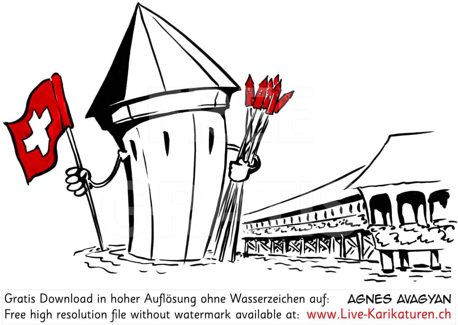 Kapellbruecke, Nationalfeiertag, 1 August, Reuss, Luzern, Bruecke, Raketen, Fahne, Flagge, Schweizerkreuz, Leuchtenstadt, alte Bruecke, Sehenswuerdigkeit, Agnes Karikaturen, Bild, Illustration, image, painting, kostenlos, Gratisbild, free image, Alleinunterhalter, Unterhaltung, Kunst, Kunsthandwerk, Firmenevent, Geschaeftsessen, Geburtstag, Hochzeit, Firmenevent, Geschenkidee, Hochzeit, Jubilaeum, Kuenstler, Live Karikaturist, Pensionierung, Messeanimation, Portraitbild zeichnen, Showkuenstler, Entertainer, Schnellzeichner, Comiczeichner, Armenian Artist from Yerevan