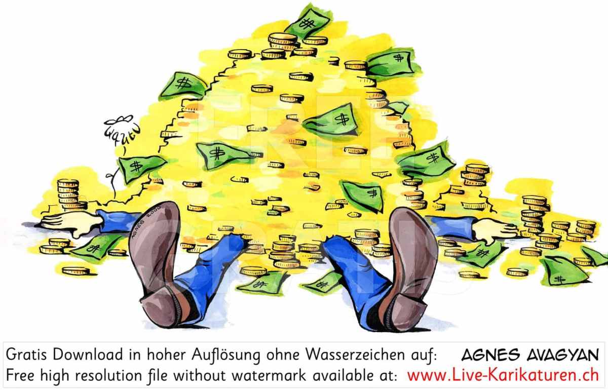 Geld erschlagen Muenzen Noten reich Reichtum Gier Kredit Manager Banker Abzocker Dollar Opfer Masslosigkeit Geldberg Gold Agnes Karikaturen gratis free Clipart Comic Cartoon Zeichnung c