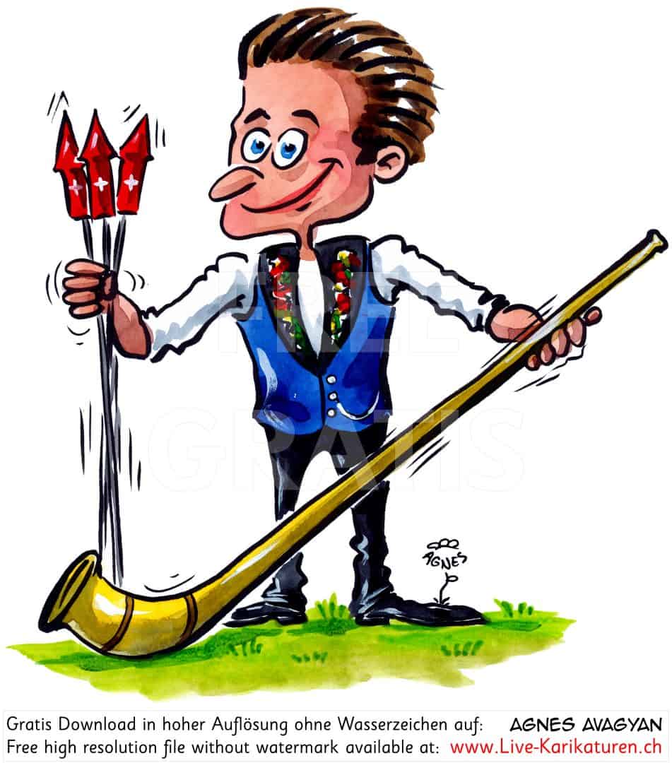 Alphorn Rakete 1. August Nationalfeiertag Schweiz Schweizer Senn Trachten Tracht Laendler volkstuemlich Brauchtum Hut elegant Mann Wiese Raketen Agnes Live-Karikaturen, Download, kostenlos, Gratisbild, Free image, Clipart, Comic, Cartoon, Illustration, Cartoon, Comic, Karikatur, Clipart, Zeichnung, Bild, Illustration, image, painting, kostenlos, Kunst, Kunsthandwerk, Geschenkidee, Kuenstler, Live Karikaturist, Comiczeichner, Armenian Artist from Yerevan