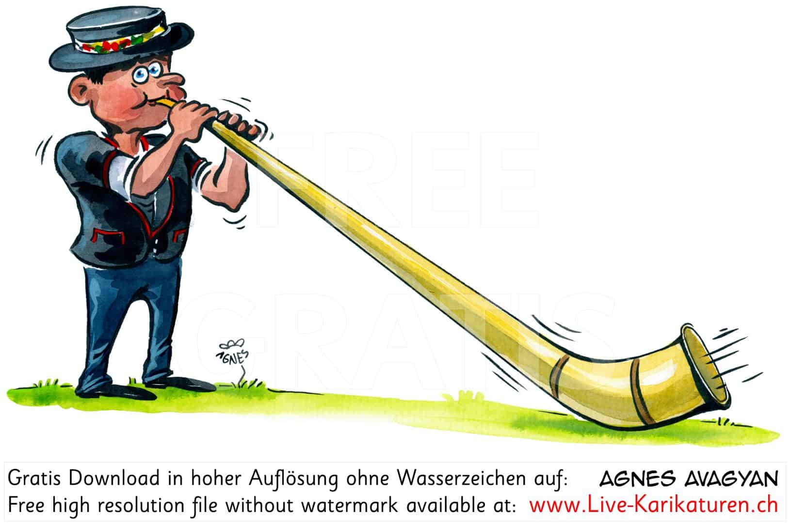 Alphorn 1. August Nationalfeiertag Schweiz Schweizer Senn Trachten Tracht Laendler volkstuemlich Brauchtum Hut elegant Musik Agnes Live-Karikaturen, Download, kostenlos, Gratisbild, Free image, Clipart, Comic, Cartoon, Illustration, Cartoon, Comic, Karikatur, Clipart, Zeichnung, Bild, Illustration, image, painting, kostenlos, Kunst, Kunsthandwerk, Geschenkidee, Kuenstler, Live Karikaturist, Comiczeichner, Armenian Artist from Yerevan