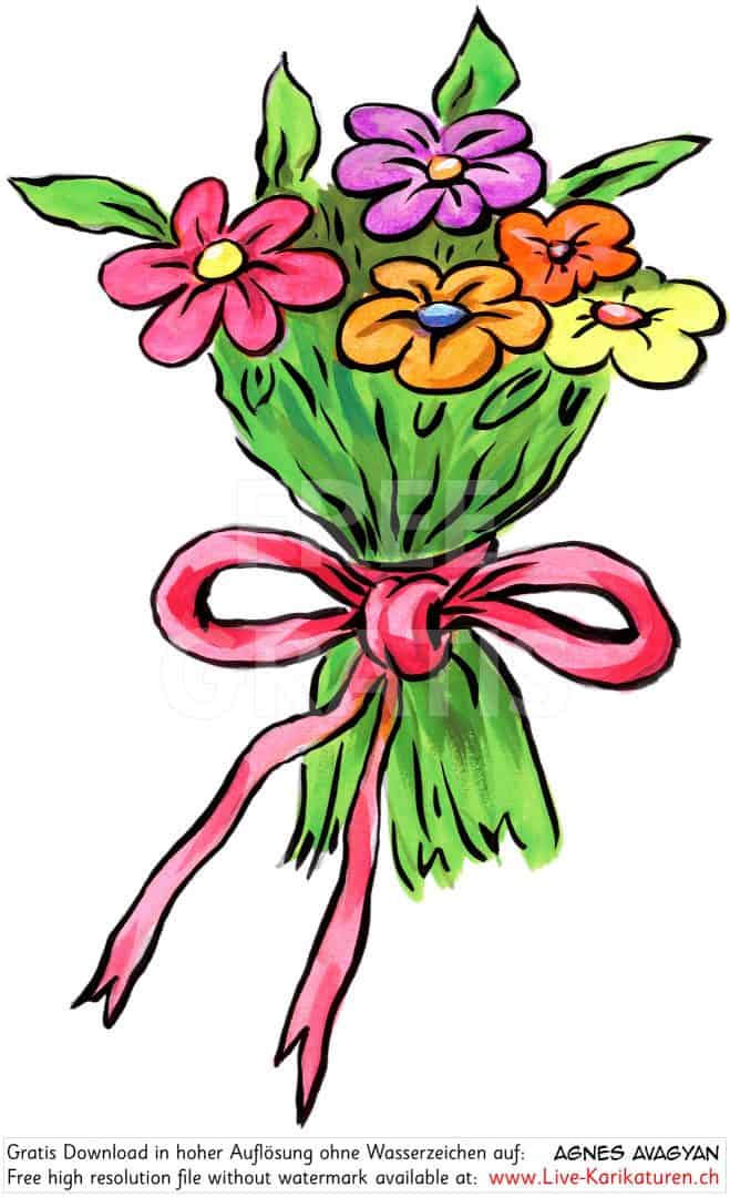 Blumen Blumenstrauss Bouquet Danke Dankeschoen Geschenk Merci farbig Agnes Karikaturen gratis free Clipart Comic Cartoon Zeichnung c