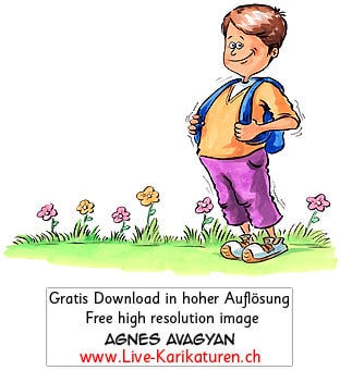Junge Stolz Schultag Schule erster Schultag Schulbeginn Schulstart Blumen Wiese Start gluecklich Agnes Karikaturen gratis free Clipart Comic Cartoon Zeichnung c