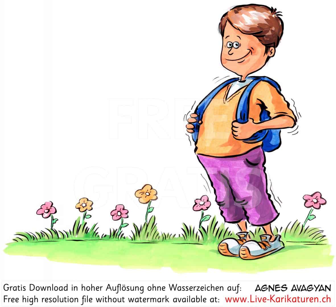 Junge Stolz Schultag Schule erster Schultag Schulbeginn Schulstart Blumen Wiese Start gluecklich Agnes Karikaturen gratis free Clipart Comic Cartoon Zeichnung c