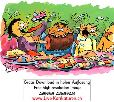 Essen Mahlzeit Gelage Fressen Orgie Tisch Fresser ohne Manieren gierig Gier Agnes Karikaturen gratis free Clipart Comic Cartoon Zeichnung c