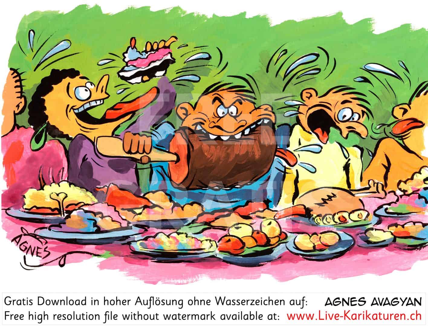 Essen Mahlzeit Gelage Fressen Orgie Tisch Fresser ohne Manieren gierig Gier Agnes Karikaturen gratis free Clipart Comic Cartoon Zeichnung c