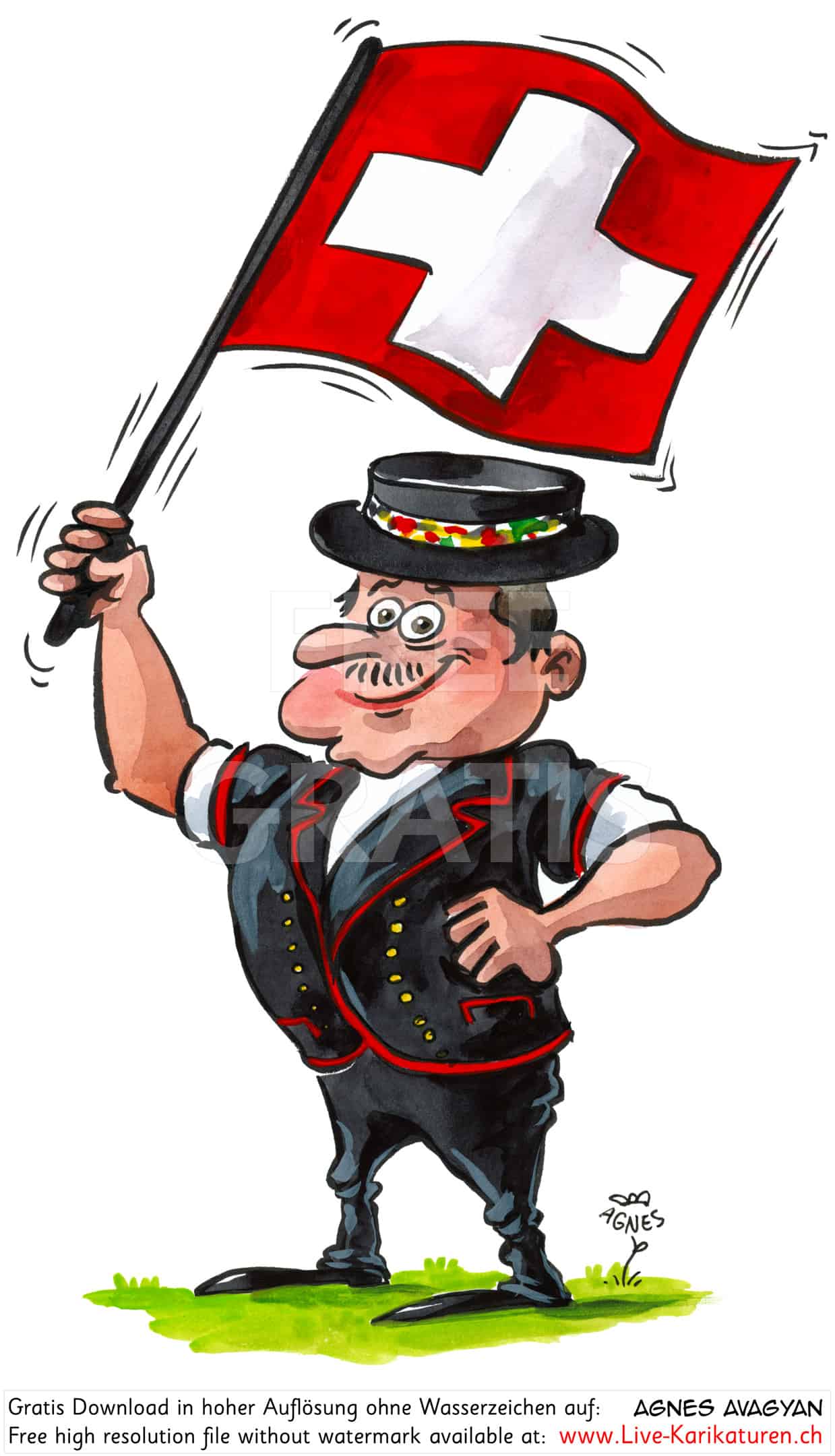 Fahne 1. August Nationalfeiertag Schweiz Schweizer Senn Fahnen schwingen Trachten Tracht Laendler volkstuemlich Brauchtum Hut elegant Mann Wiese Agnes Live-Karikaturen, Download, kostenlos, Gratisbild, Free image, Clipart, Comic, Cartoon, Illustration, Cartoon, Comic, Karikatur, Clipart, Zeichnung, Bild, Illustration, image, painting, kostenlos, Kunst, Kunsthandwerk, Geschenkidee, Kuenstler, Live Karikaturist, Comiczeichner, Armenian Artist from Yerevan