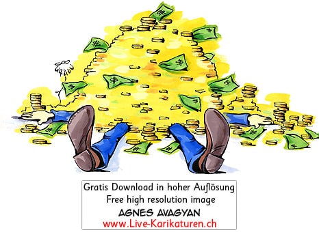 Geld erschlagen Muenzen Noten reich Reichtum Gier Kredit Manager Banker Abzocker Dollar Opfer Masslosigkeit Geldberg Gold Agnes Karikaturen gratis free Clipart Comic Cartoon Zeichnung c