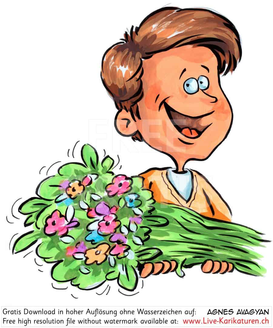 Junge Blumen Blumenstrauss schenken Muttertag Danke Kind Geschenk Agnes Karikaturen gratis free Clipart Comic Cartoon Zeichnung c