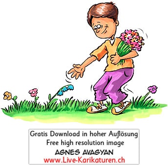 Junge Blumen Blumenstrauss pfluecken Muttertag Danke Kind Geschenk Agnes Karikaturen gratis free Clipart Comic Cartoon Zeichnung c