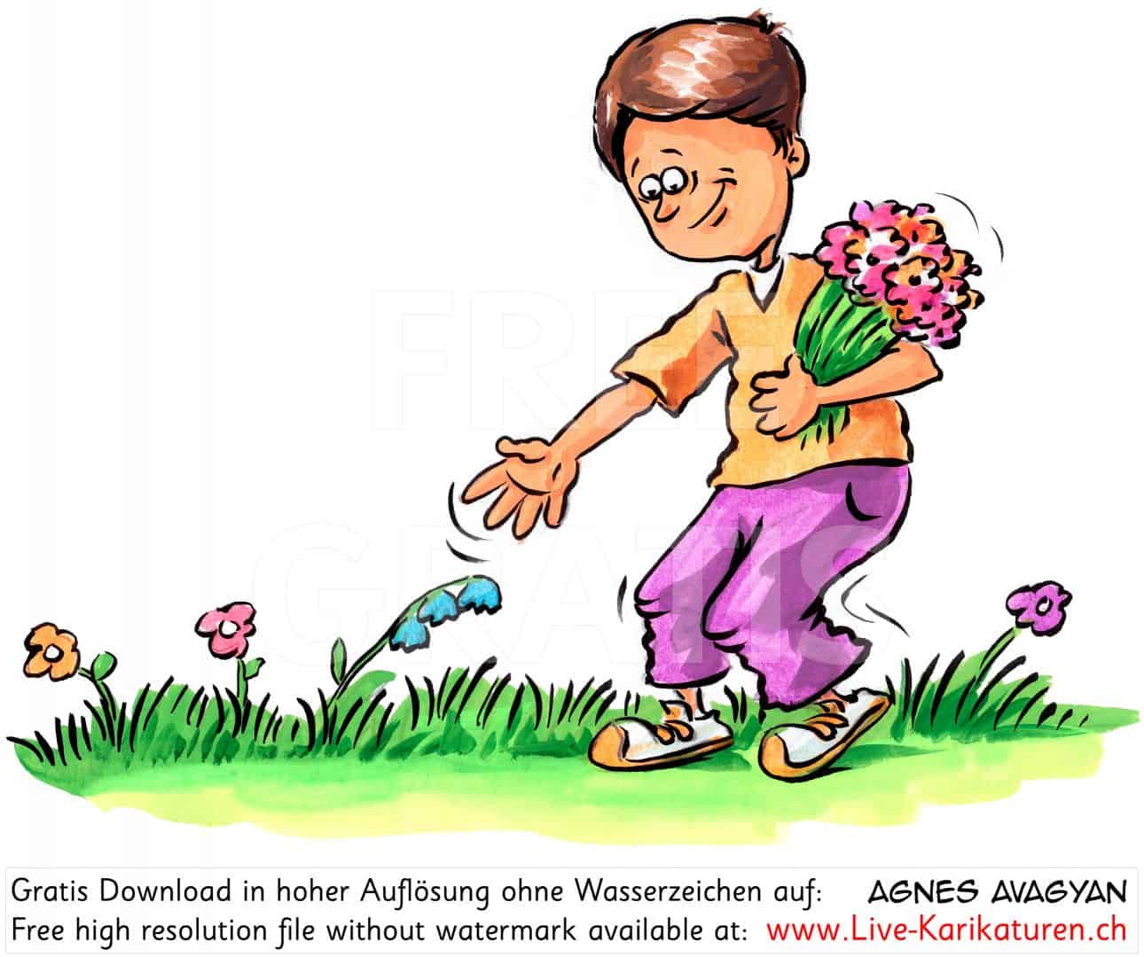 Junge Blumen Blumenstrauss pfluecken Muttertag Danke Kind Geschenk Agnes Karikaturen gratis free Clipart Comic Cartoon Zeichnung c