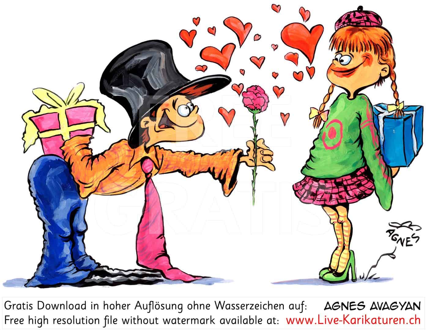 Liebe Valentinstag Junge Maedchen Boy Girl Rose Geschenk Herzen Herzchen Ueberraschung verliebt Romantik ausgefallen ausgeflippt Agnes Karikaturen gratis free Clipart Comic Cartoon Zeichnung c