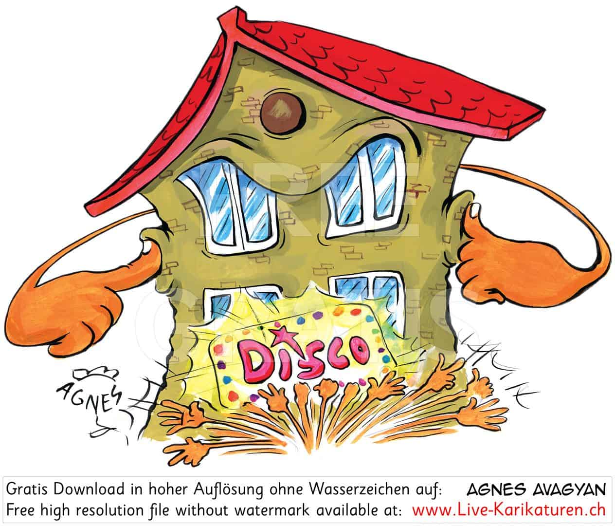 Nachtruhestoerung, Laerm, Ausgang, Party, Disco, Stadt, Haus, Ruecksichtslosigkeit, Partymeile, Nachtleben, Agnes Karikaturen, www.Live-Karikaturen.ch, Live Karikaturistin für Unterhaltung, Künstler, Alleinunterhalter, Hochzeit, Geburtstag, Firmenevent, Geschäftsanlass, Jubiläum, Pensionierung, Geschenkidee, Portraitbild zeichnen