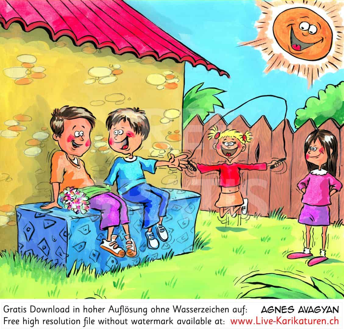 Kindergarten, Pausenplatz, Schulhof, Pause, spielen, Seilspringen, huepfen, Maedchen, Jungs, lachen, Sonne, Landhaus, Dorf, Sommer, Agnes Live-Karikaturen, Download, kostenlos, Gratisbild, Free image, Clipart, Comic, Cartoon, Illustration, Cartoon, Comic, Karikatur, Clipart, Zeichnung, Bild, Illustration, image, painting, kostenlos, Gratisbild, free image, Alleinunterhalter, Unterhaltung, Kunst, Kunsthandwerk, Firmenevent, Geschaeftsessen, Geburtstag, Hochzeit, Firmenevent, Geschenkidee, Hochzeit, Jubilaeum, Kuenstler, Live Karikaturist, Pensionierung, Messeanimation, Portraitbild zeichnen, Showkuenstler, Entertainer, Schnellzeichner, Comiczeichner, Armenian Artist from Yerevan