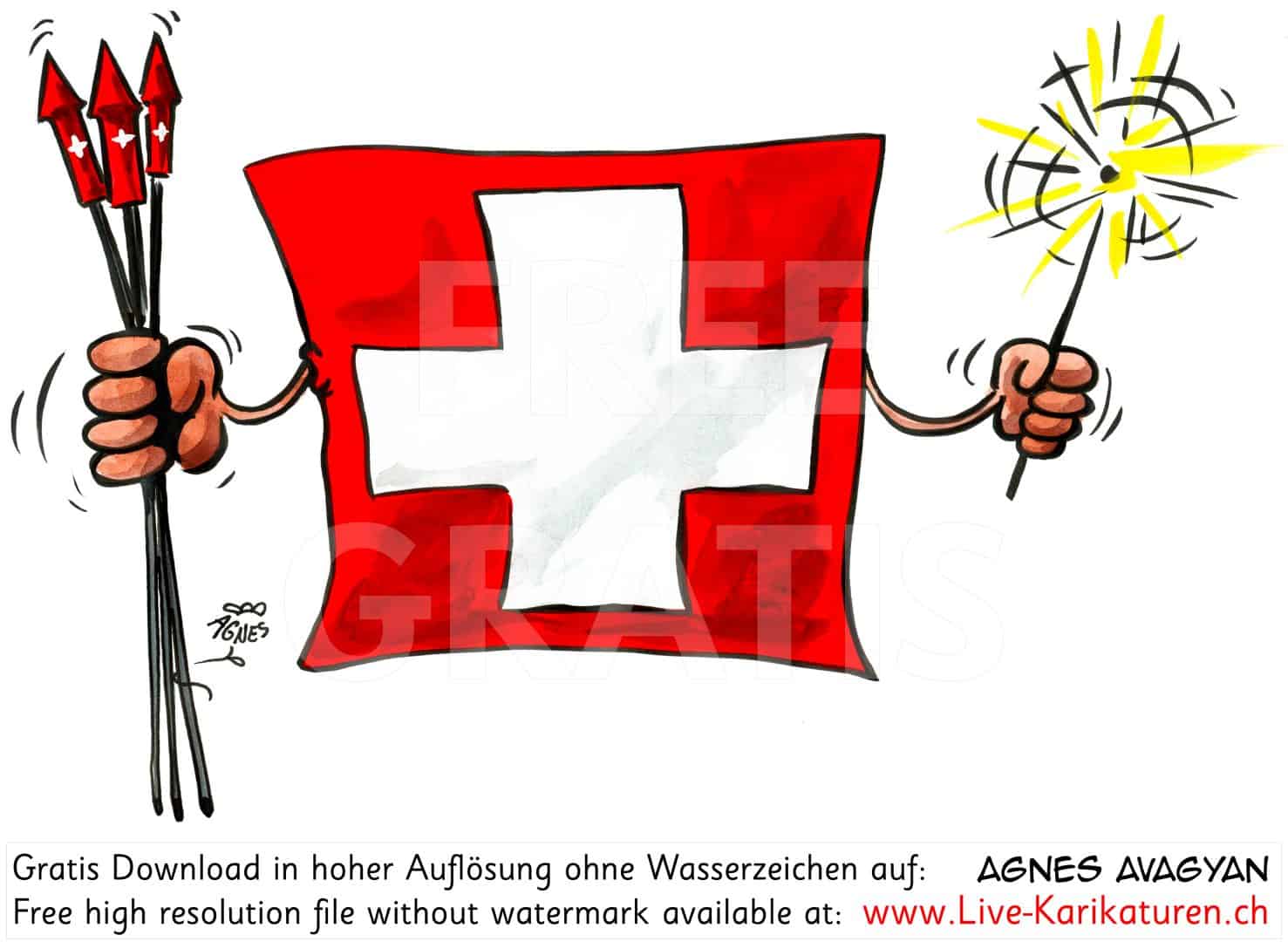 Flagge Schweizer Fahne Raketen 1. August Nationalfeiertag Schweiz volkstuemlich Brauchtum bengalische Fackel Bengalfackel Agnes Live-Karikaturen, Download, kostenlos, Gratisbild, Free image, Clipart, Comic, Cartoon, Illustration, Cartoon, Comic, Karikatur, Clipart, Zeichnung, Bild, Illustration, image, painting, kostenlos, Kunst, Kunsthandwerk, Geschenkidee, Kuenstler, Live Karikaturist, Comiczeichner, Armenian Artist from Yerevan