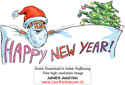 Happy New Year Tannenbaum Weihnachtsmann Santa Claus Sylvester Neujahr Schild Glueckwunsch rote Muetze Bart Agnes Live-Karikaturen, Download, kostenlos, Gratisbild, Free image, Clipart, Comic, Cartoon, Illustration, Cartoon, Comic, Karikatur, Clipart, Zeichnung, Bild, Illustration, image, painting, kostenlos, Kunst, Kunsthandwerk, Geschenkidee, Kuenstler, Live Karikaturist, Comiczeichner, Armenian Artist from Yerevan