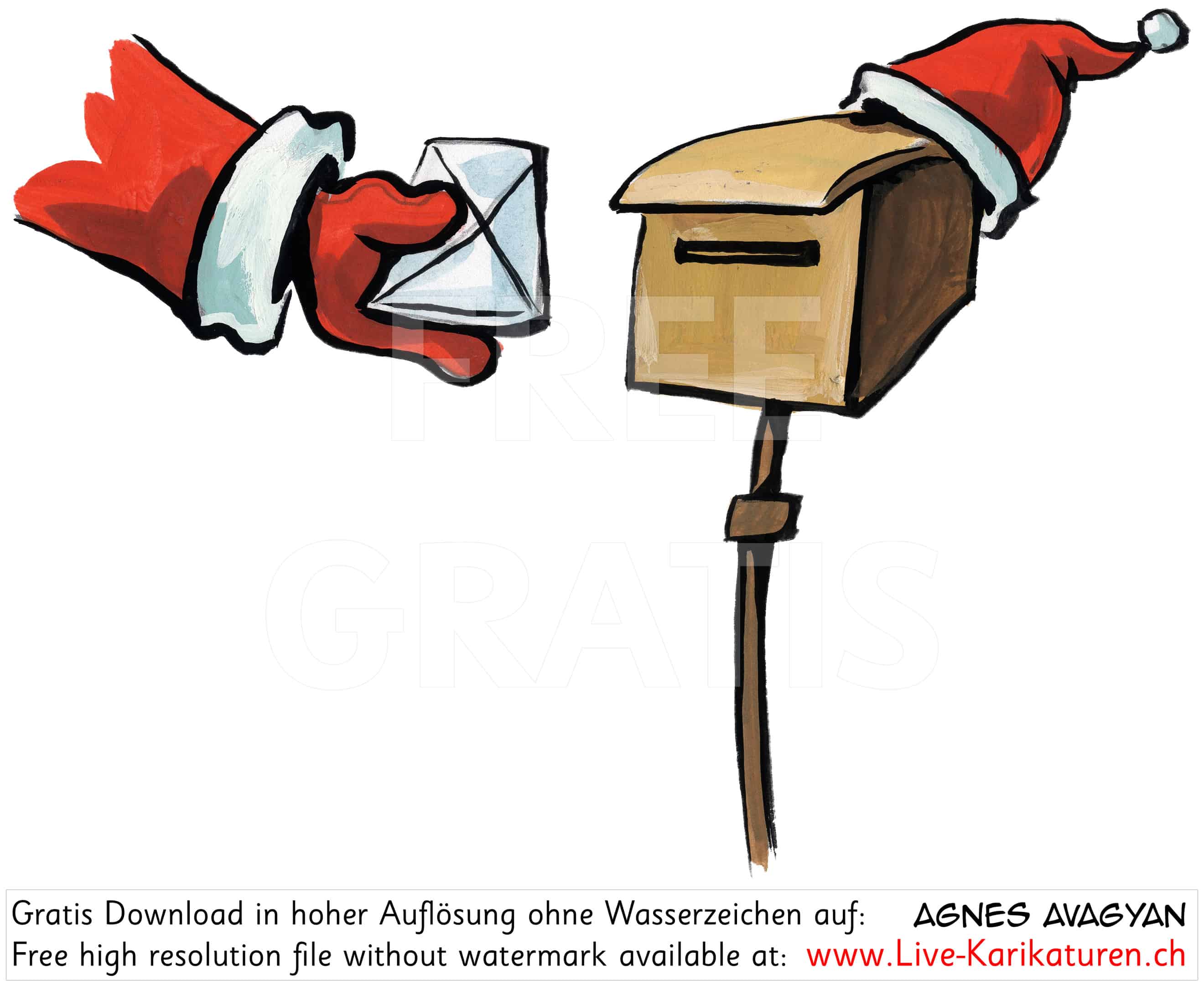 Weihnachtspost Brief an den Weihnachtsmann letter to Santa Claus rote Muetze Briefkasten roter Handschuh Couvert Umschlag Agnes Live-Karikaturen, Download, kostenlos, Gratisbild, Free image, Clipart, Comic, Cartoon, Illustration, Cartoon, Comic, Karikatur, Clipart, Zeichnung, Bild, Illustration, image, painting, kostenlos, Kunst, Kunsthandwerk, Geschenkidee, Kuenstler, Live Karikaturist, Comiczeichner, Armenian Artist from Yerevan