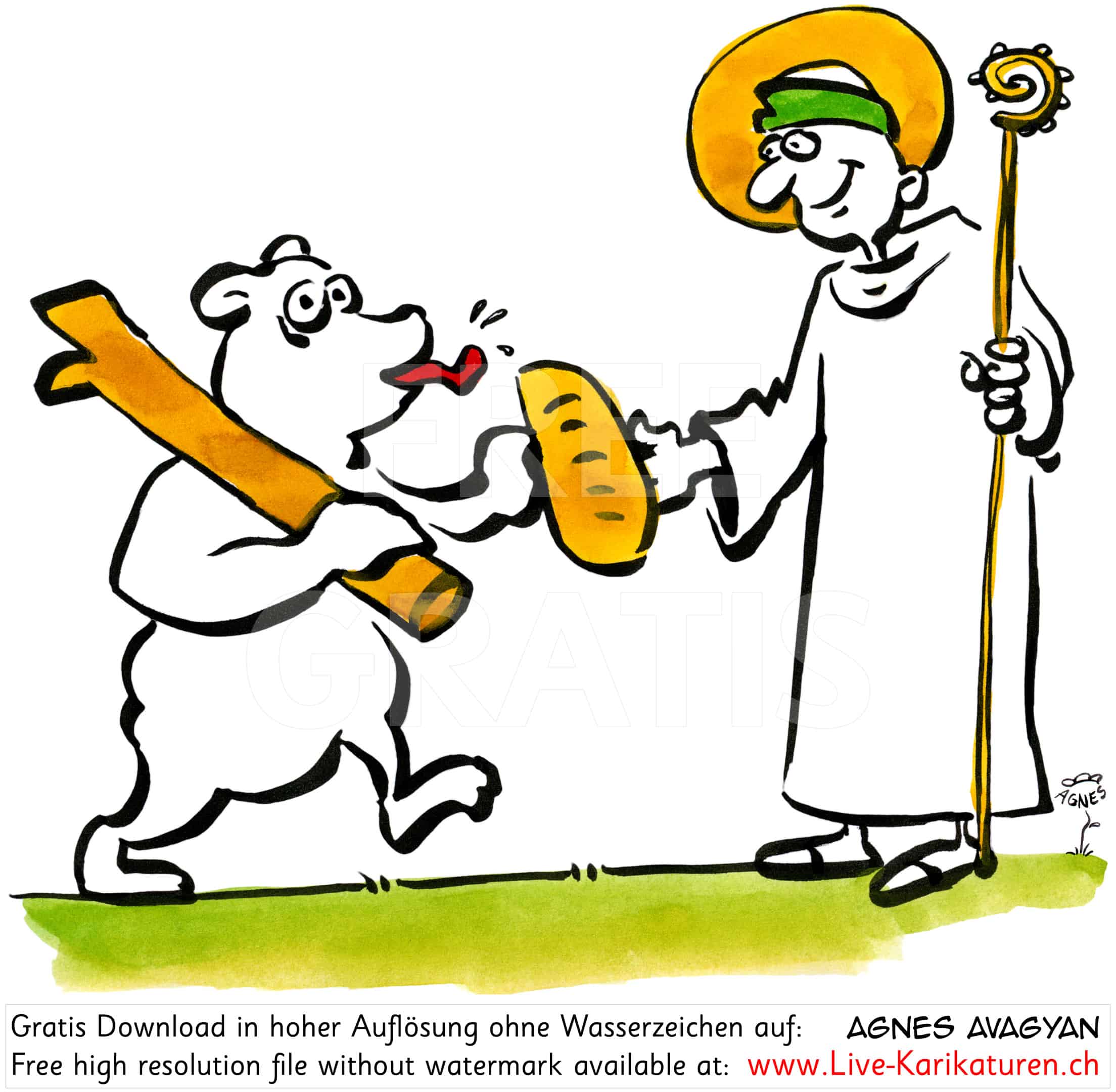 Kriens Gallus Baer Heiliger Brot Bischofsstab Heiligenschein Holz Stock, weiss, Agnes Live-Karikaturen, Download, kostenlos, Gratisbild, Free image, Clipart, Comic, Cartoon, Illustration, Cartoon, Comic, Karikatur, Clipart, Zeichnung, Bild, Illustration, image, painting, kostenlos, Kunst, Kunsthandwerk, Geschenkidee, Kuenstler, Live Karikaturist, Comiczeichner, Armenian Artist from Yerevan, UHD, Wallpaper