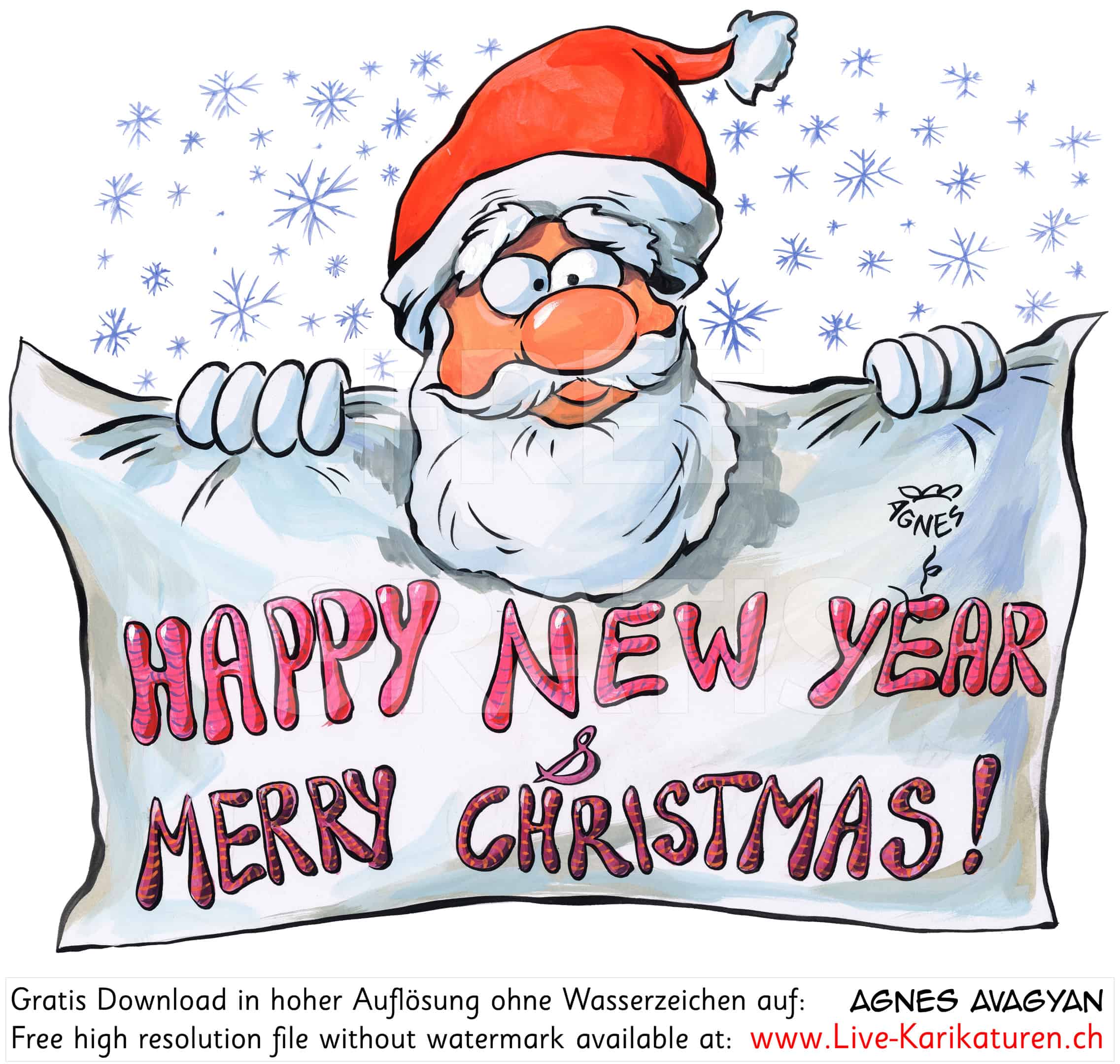 Happy new Year & merry Christmas Xmas Weihnachtsmann Santa Claus Schnee Winter rote Muetze weisser Bart Glueckwunsch Neujahr Sylvester Weihnachtszeit Weihnachtsferien Schneekristalle grosse Nase Banner Agnes Live-Karikaturen, Download, kostenlos, Gratisbild, Free image, Clipart, Comic, Cartoon, Illustration, Cartoon, Comic, Karikatur, Clipart, Zeichnung, Bild, Illustration, image, painting, kostenlos, Kunst, Kunsthandwerk, Geschenkidee, Kuenstler, Live Karikaturist, Comiczeichner, Armenian Artist from Yerevan