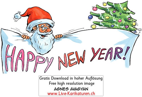 Happy New Year Tannenbaum Weihnachtsmann Santa Claus Sylvester Neujahr Schild Glueckwunsch rote Muetze Bart Agnes Live-Karikaturen, Download, kostenlos, Gratisbild, Free image, Clipart, Comic, Cartoon, Illustration, Cartoon, Comic, Karikatur, Clipart, Zeichnung, Bild, Illustration, image, painting, kostenlos, Kunst, Kunsthandwerk, Geschenkidee, Kuenstler, Live Karikaturist, Comiczeichner, Armenian Artist from Yerevan