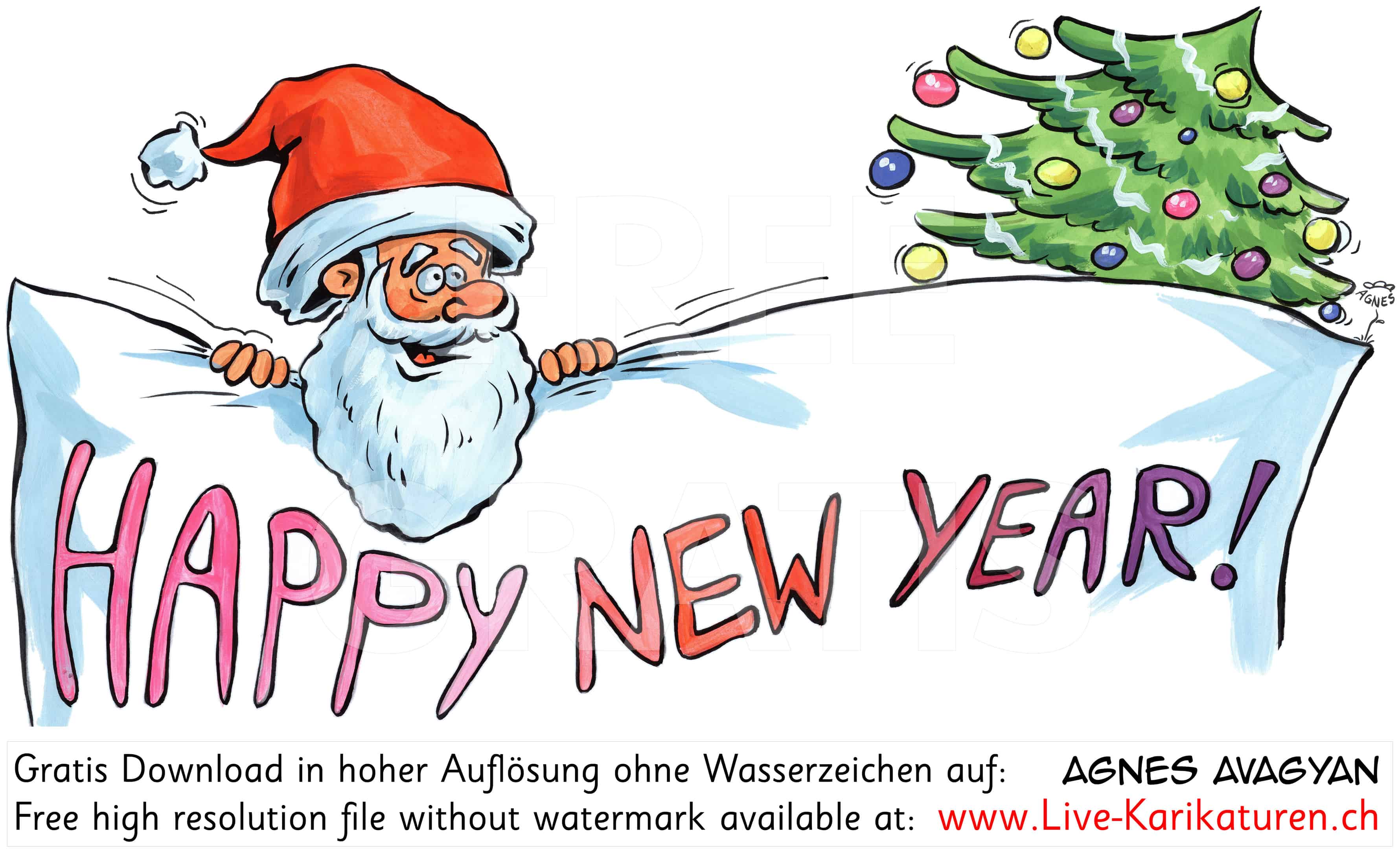 Happy New Year Tannenbaum Weihnachtsmann Santa Claus Sylvester Neujahr Schild Glueckwunsch rote Muetze Bart Agnes Live-Karikaturen, Download, kostenlos, Gratisbild, Free image, Clipart, Comic, Cartoon, Illustration, Cartoon, Comic, Karikatur, Clipart, Zeichnung, Bild, Illustration, image, painting, kostenlos, Kunst, Kunsthandwerk, Geschenkidee, Kuenstler, Live Karikaturist, Comiczeichner, Armenian Artist from Yerevan